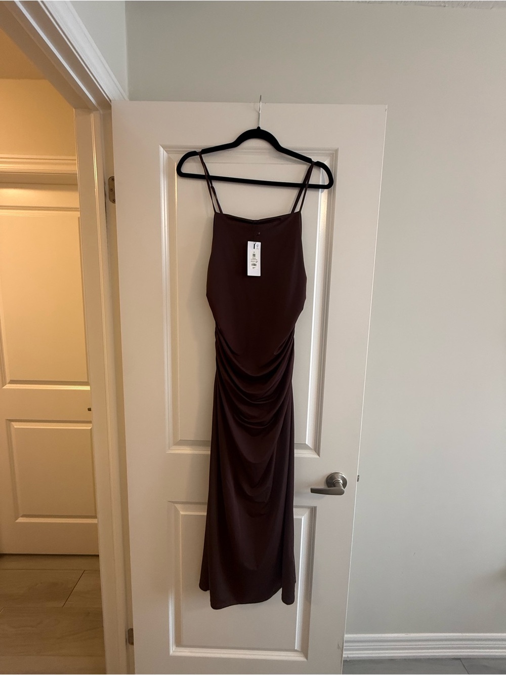 French Toast Brown Satin Midi Slip Dress with Ruched Side
